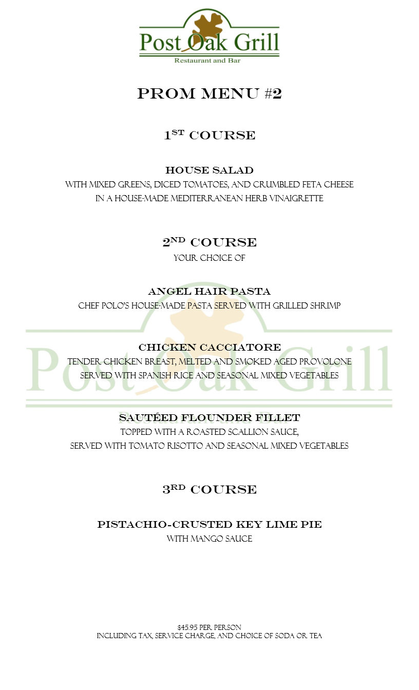 Prom Menu Post Oak Grill Houston, TX